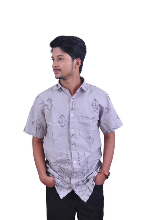 Men’s Geometric Print Light Grey Casual half Sleeves Shirt