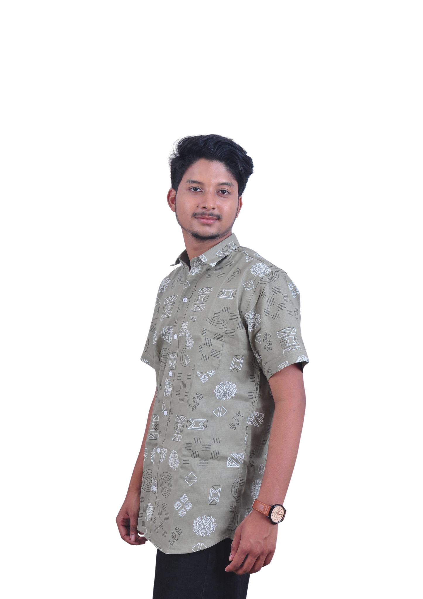 Geo Print Casual Shirt – Olive Green Premium Fit