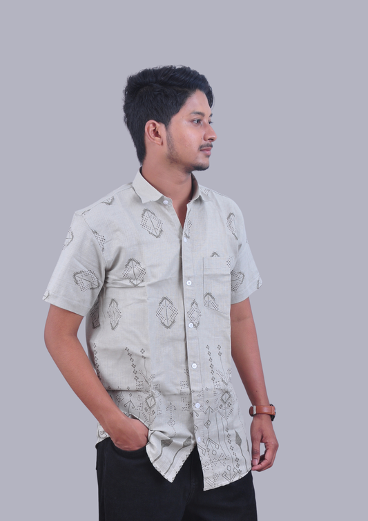 Minimal Printed Cuban Collar Shirt – Sage Green Casual Wear