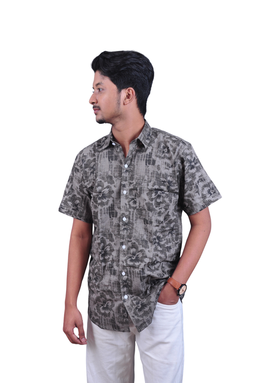 Men’s Olive Grey Floral Printed Casual Shirt