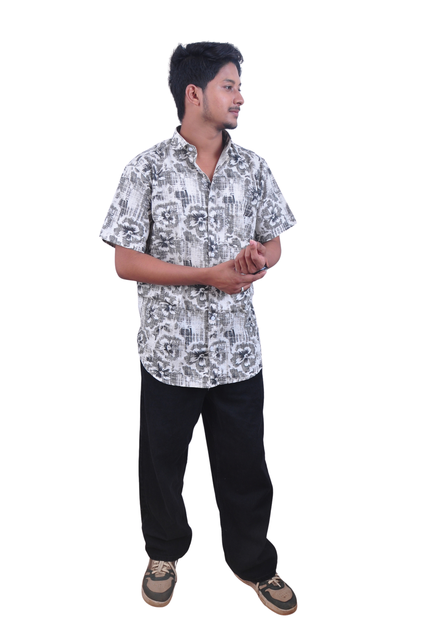 Men’s White Grey Floral Printed Casual Shirt