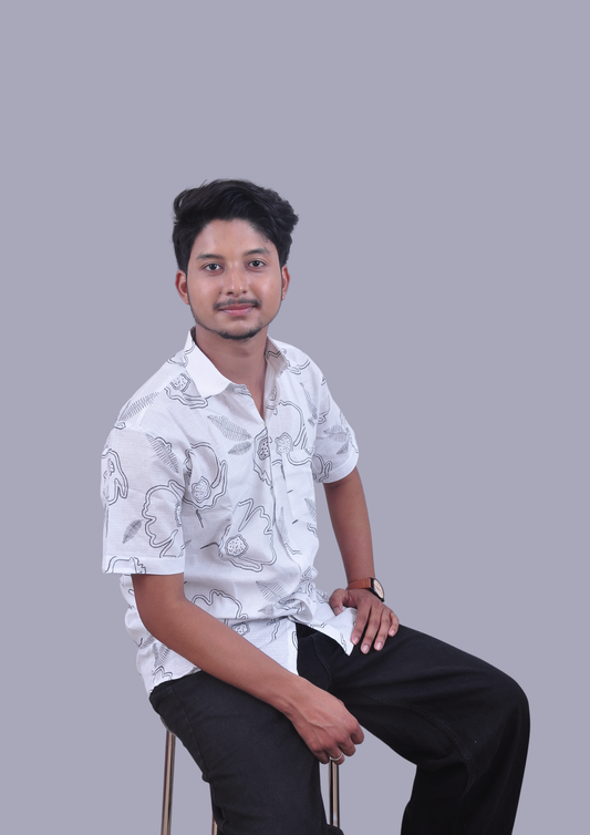 Men’s White Floral Print Casual Shirt – Short Sleeve, Regular Fit, Lightweight Summer Wear