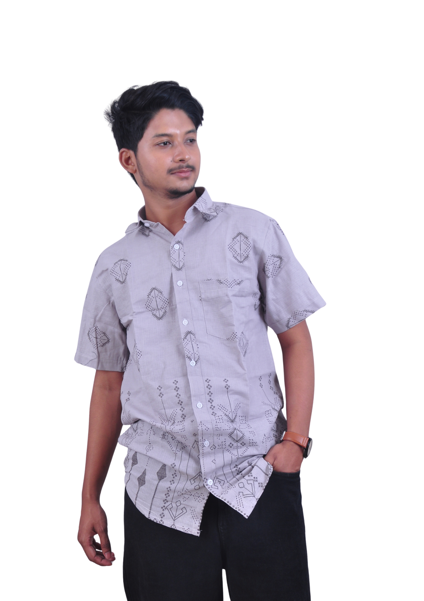 Men’s  Geometric Print Light Grey Casual half Sleeves Shirt