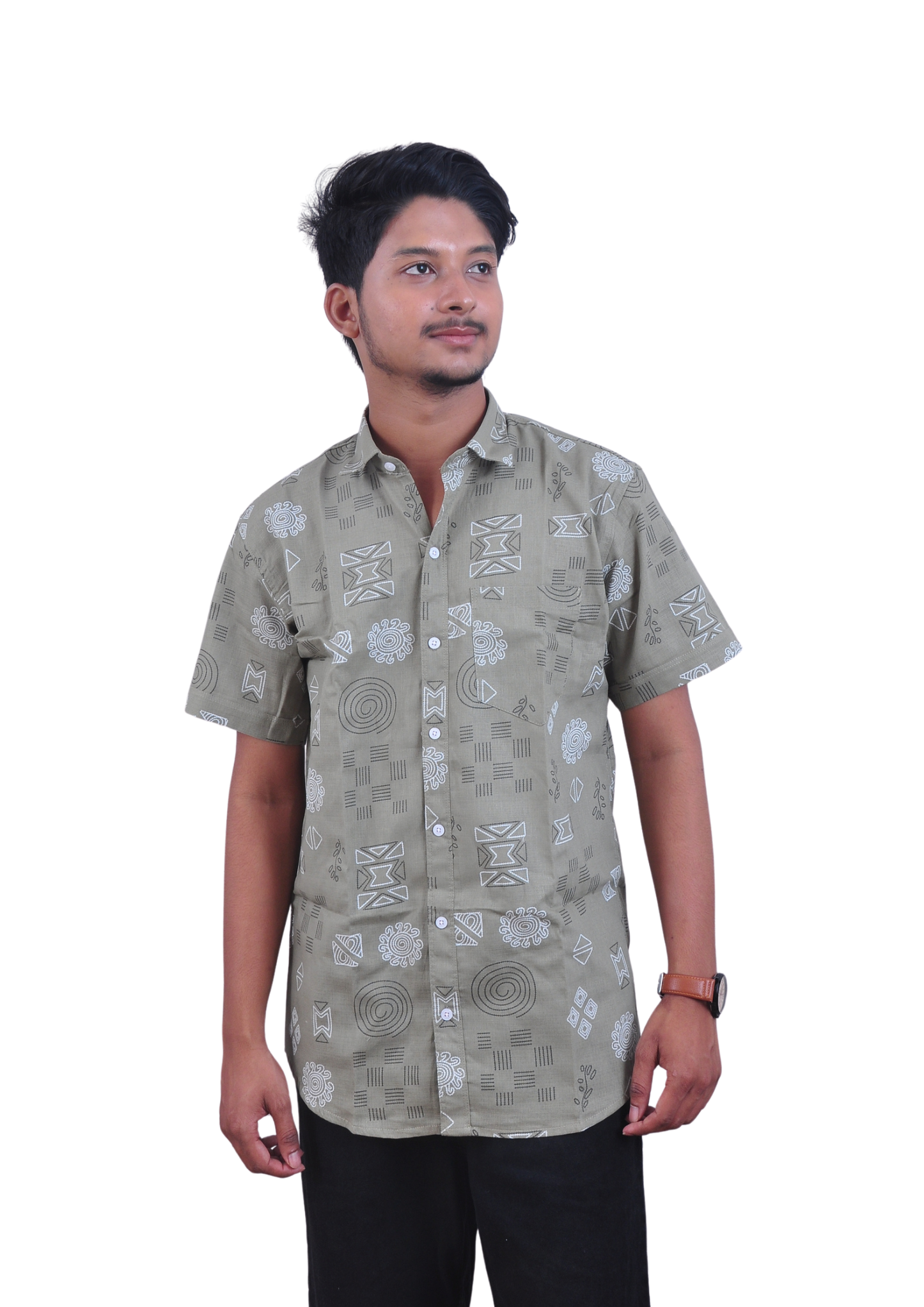 Geo Print Casual Shirt – Olive Green Premium Fit