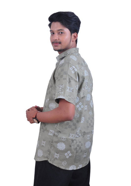 Geo Print Casual Shirt – Olive Green Premium Fit