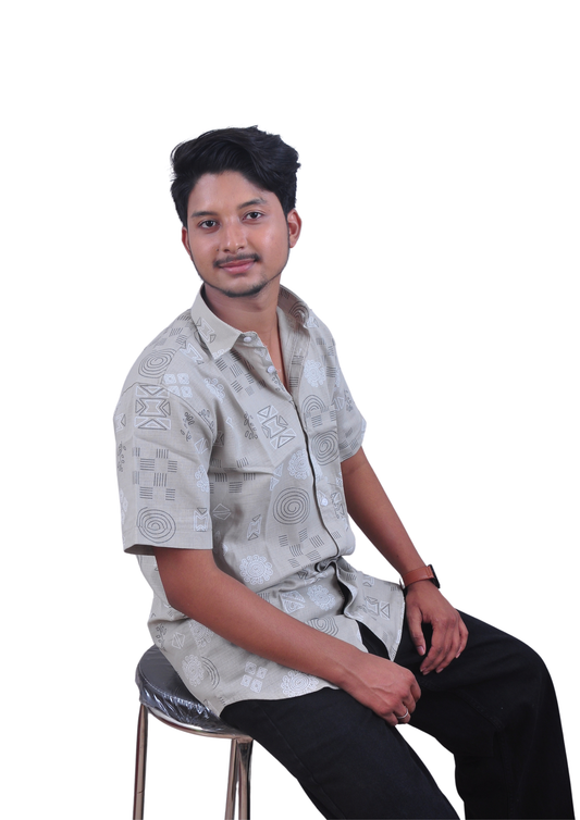 Abstract Print Half Sleeve Shirt – Beige