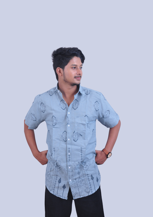 Men’s Sky Blue Geometric Print Casual Shirt