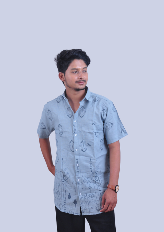 Men’s Sky Blue Geometric Print Casual Shirt