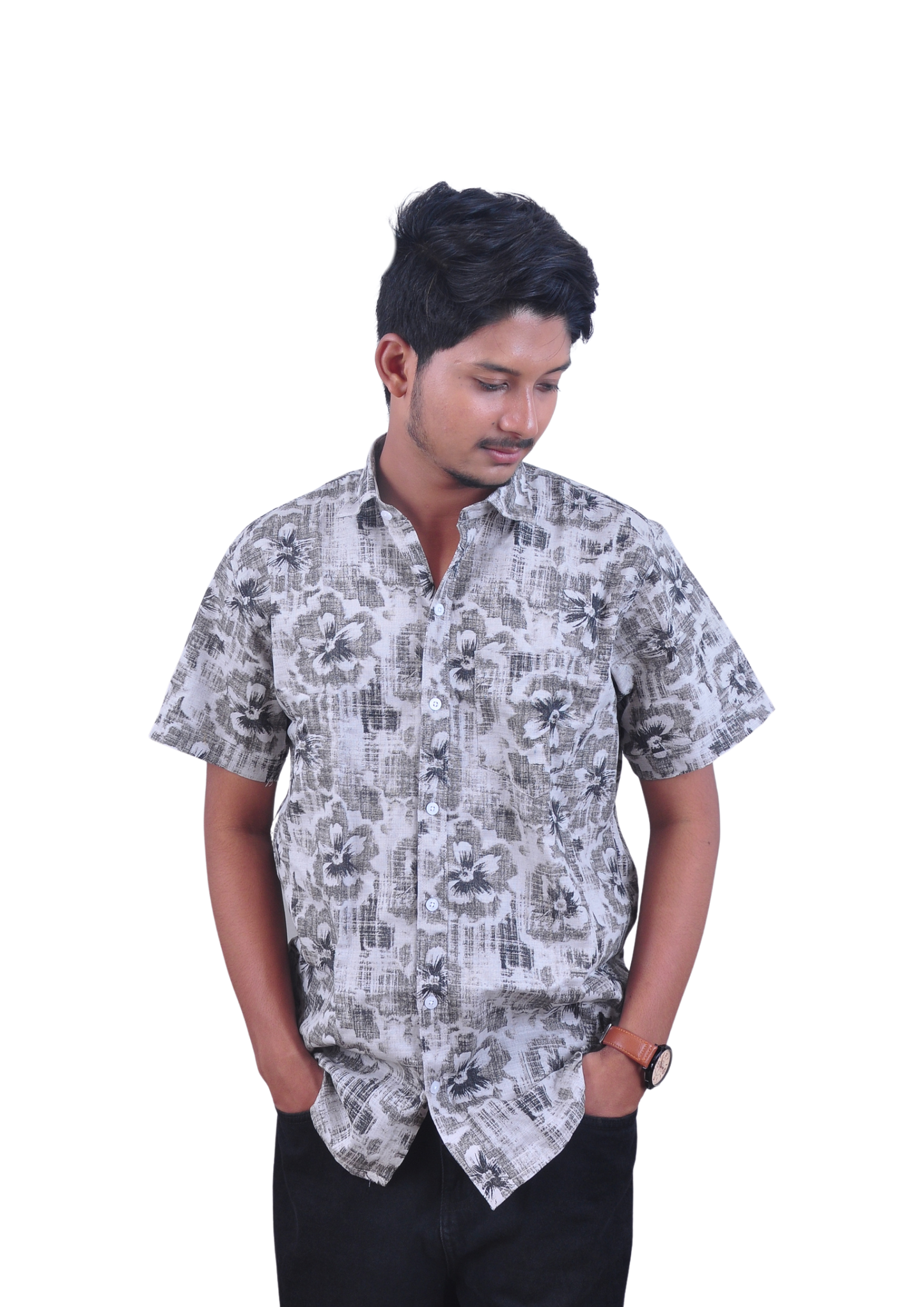 Floral Abstract Print Half Sleeve Shirt – Grey