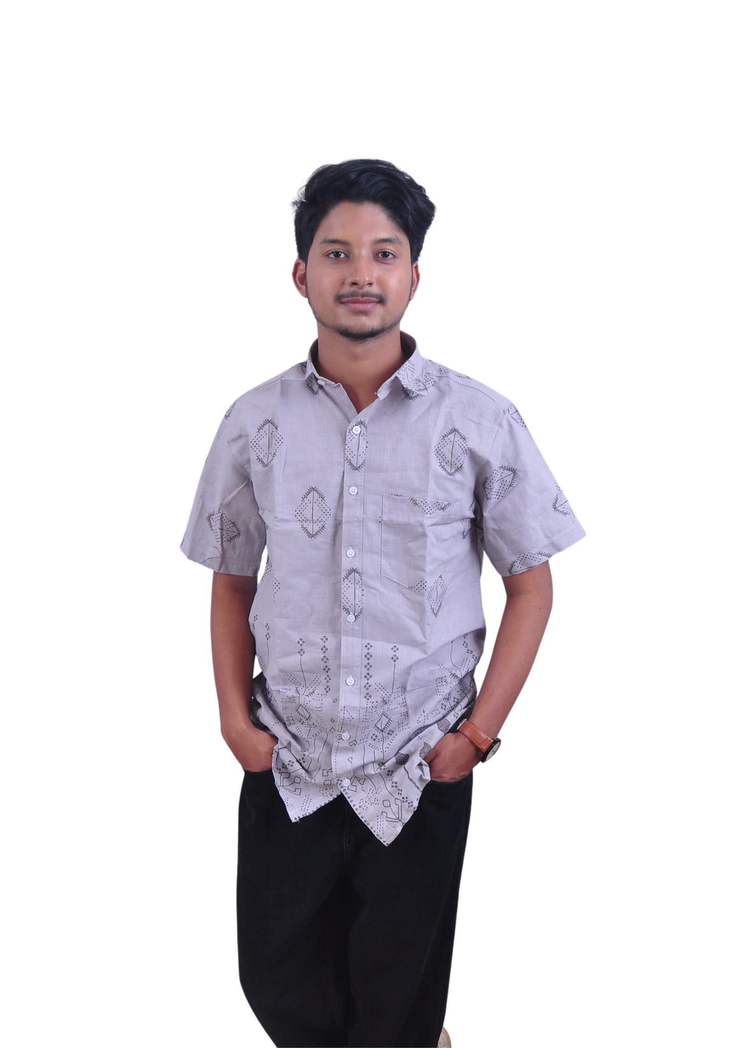 Men’s  Geometric Print Light Grey Casual half Sleeves Shirt