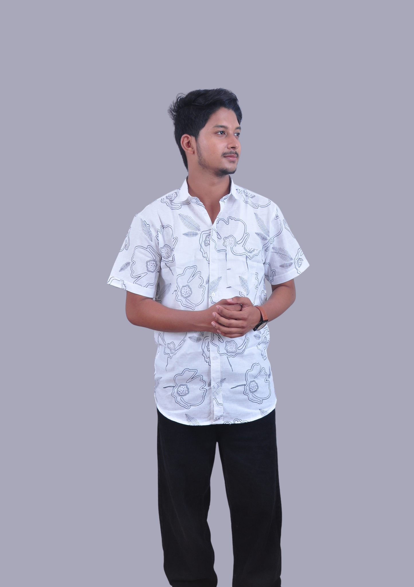 Men’s White Floral Print Casual Shirt – Short Sleeve, Regular Fit, Lightweight Summer Wear