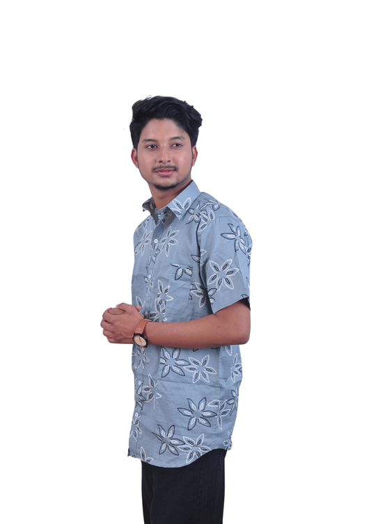 Men’s Grey Floral Print Casual Shirt – Regular Fit