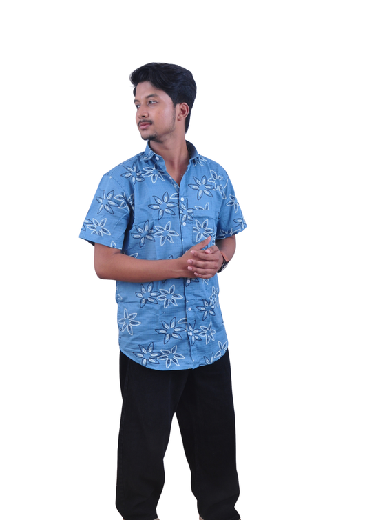 Men’s Sky Blue Floral Print Casual Shirt – Regular Fit