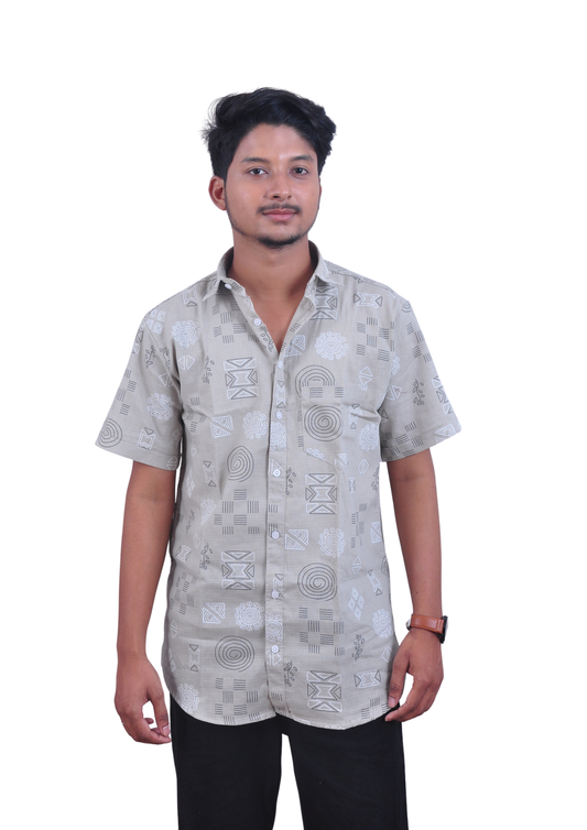 Abstract Print Half Sleeve Shirt – Beige