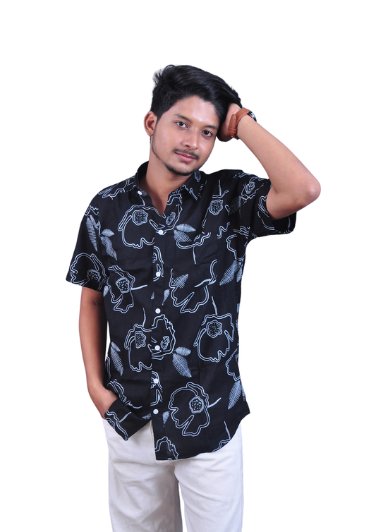 Men’s Black Floral Print Casual Shirt – Regular Fit