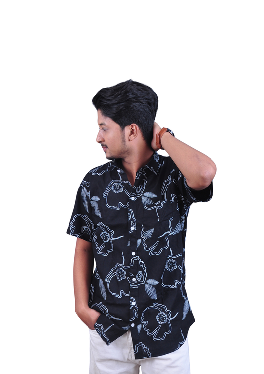 Men’s Black Floral Print Casual Shirt – Regular Fit