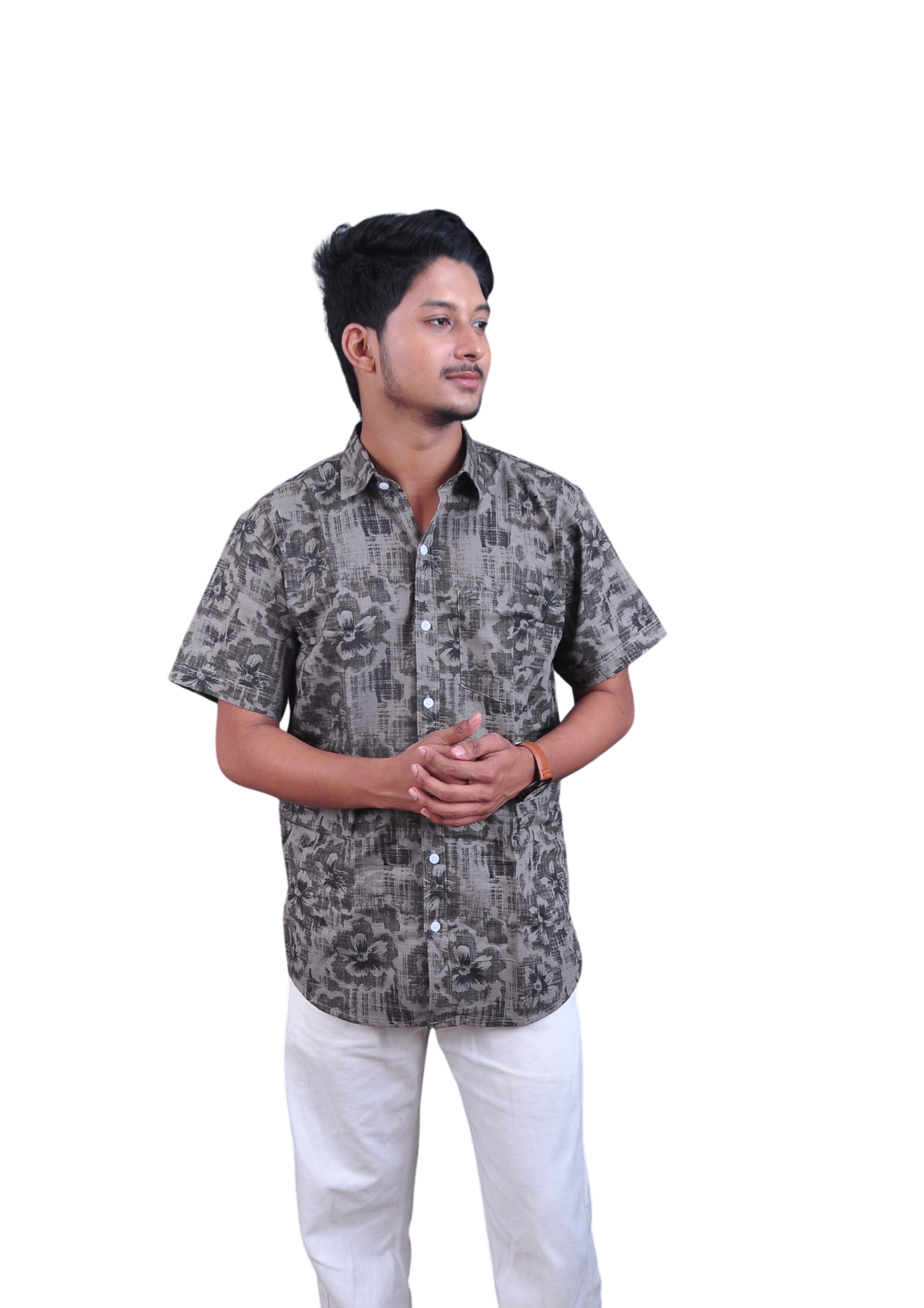Men’s Olive Grey Floral Printed Casual Shirt