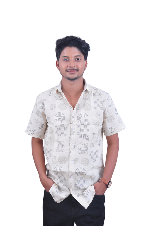 Men’s Cream Beige Abstract Printed Casual Shirt