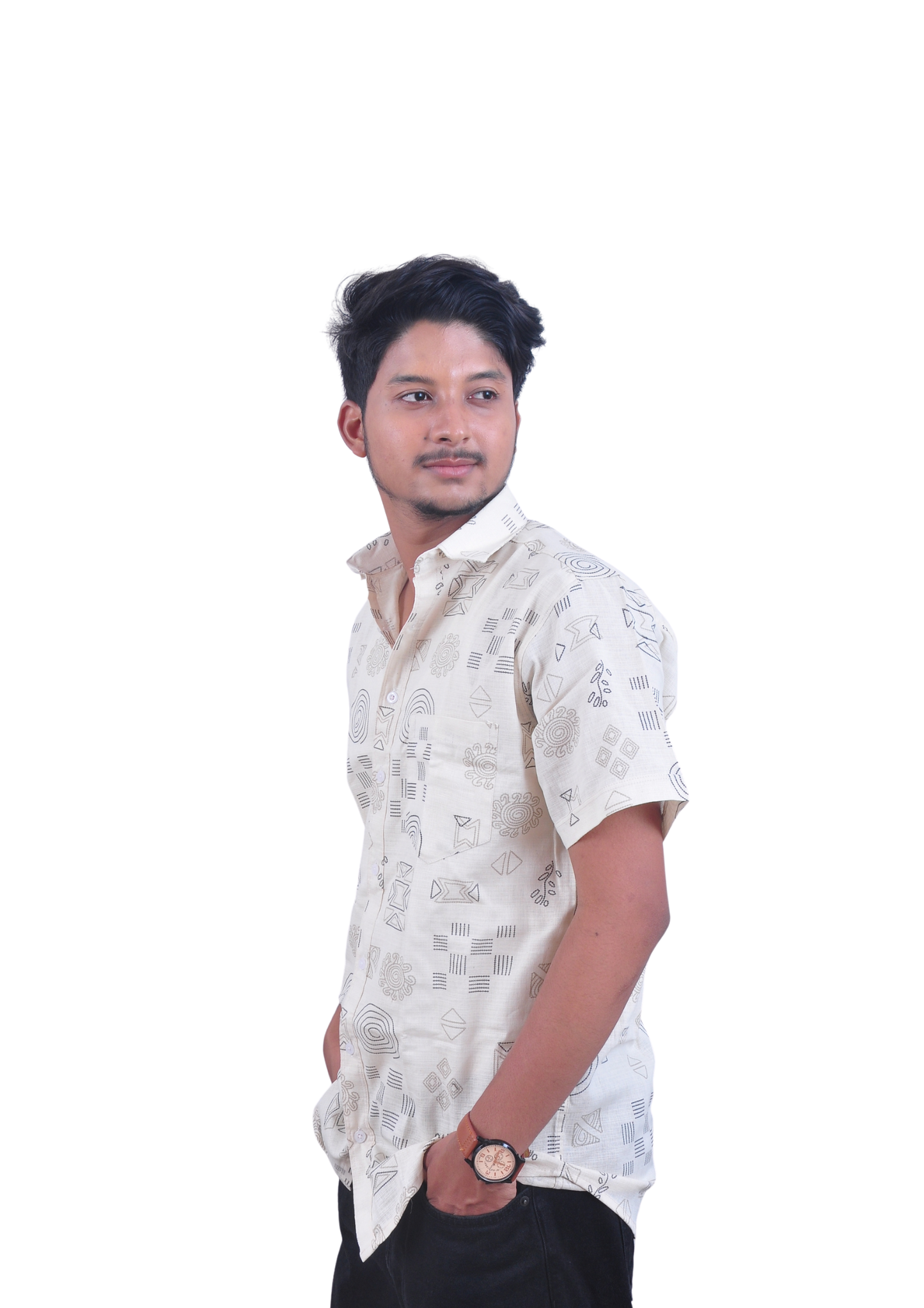 Men’s Cream Beige Abstract Printed Casual Shirt