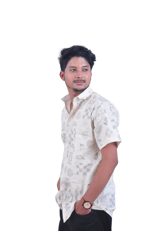 Men’s Cream Beige Abstract Printed Casual Shirt