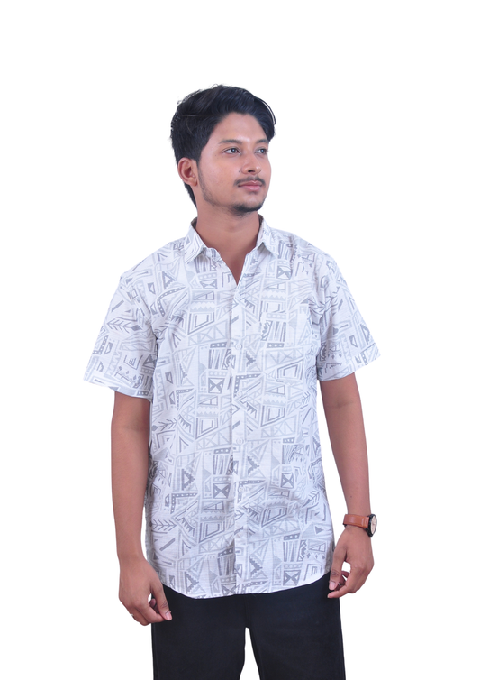 Men’s White Grey Geometric Printed Casual Shirt