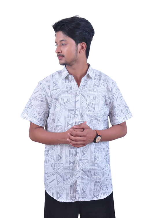 Men’s White Grey Geometric Printed Casual Shirt