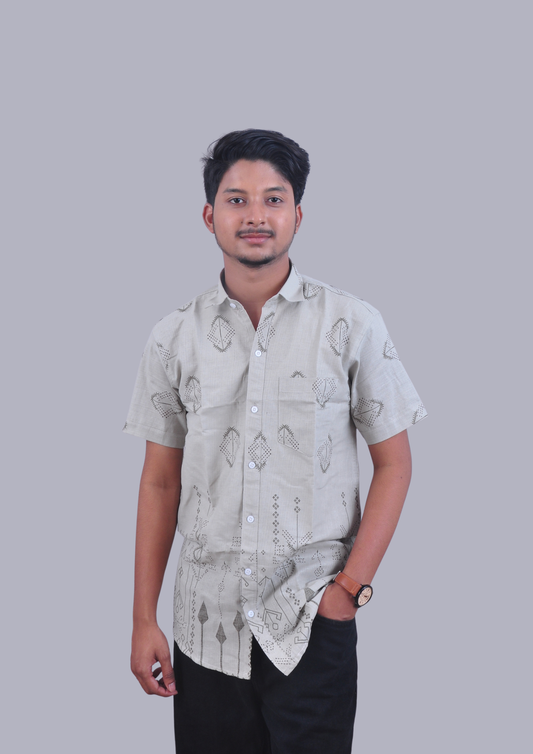 Minimal Printed Cuban Collar Shirt – Sage Green Casual Wear
